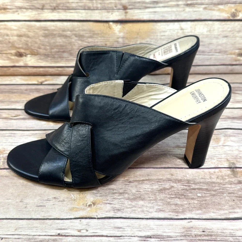 Johnston & Murphy Womens Black Woven Leather High Heel Mule Slip On Shoes 10M